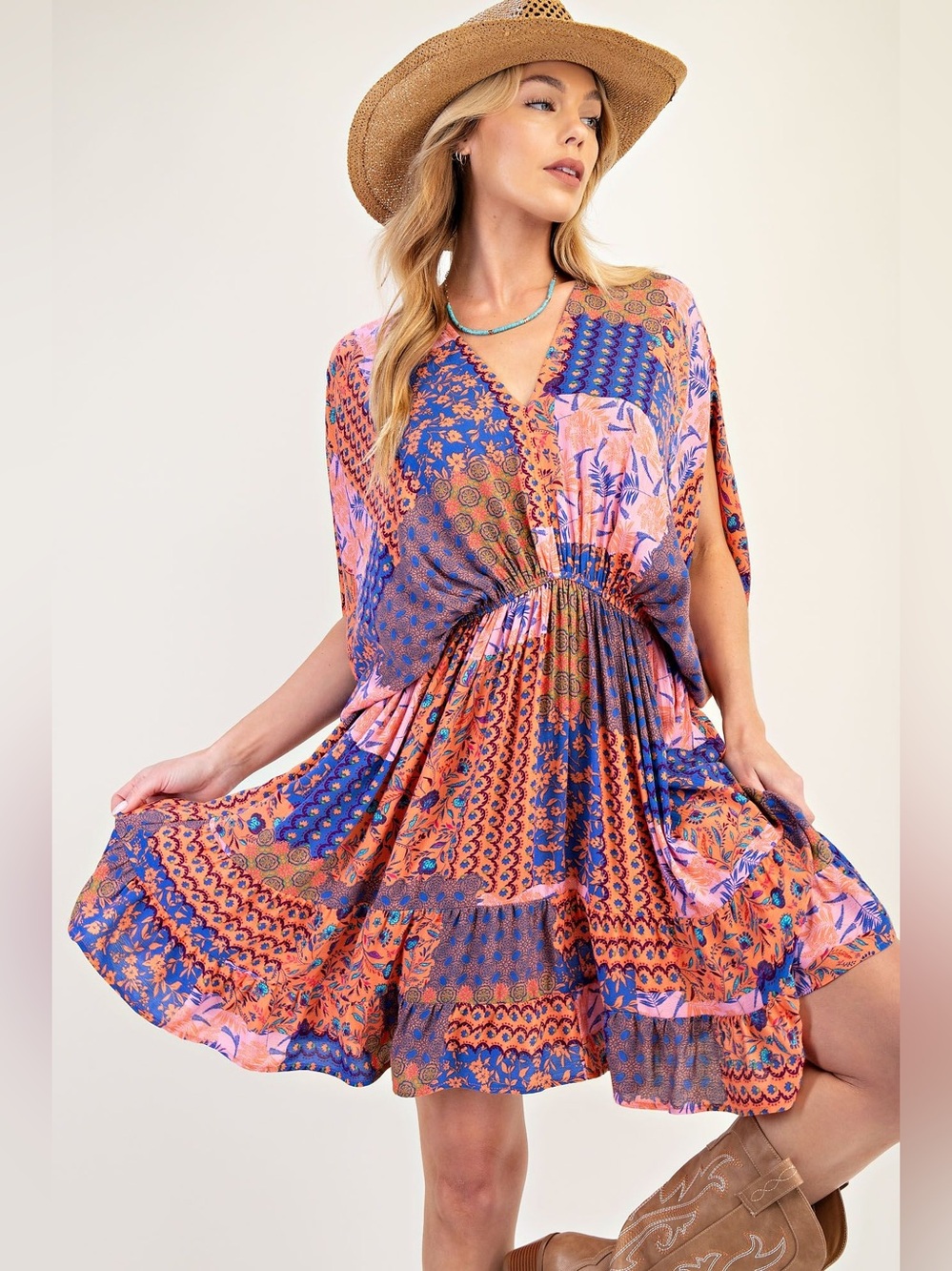 Easel PATCHWORK PRINTED RAYON GAUZE DRESS - Picture 3 of 4